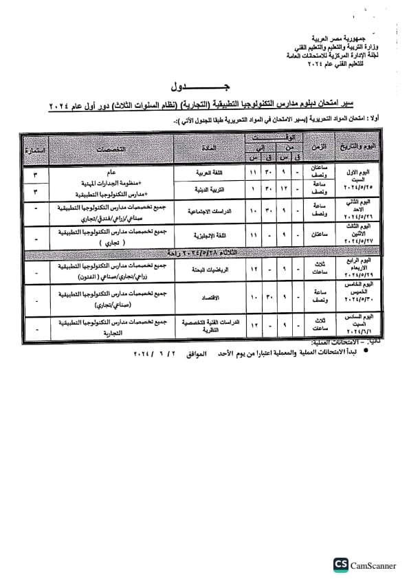 جدول امتحانات الدبلومات الفنية 2024 