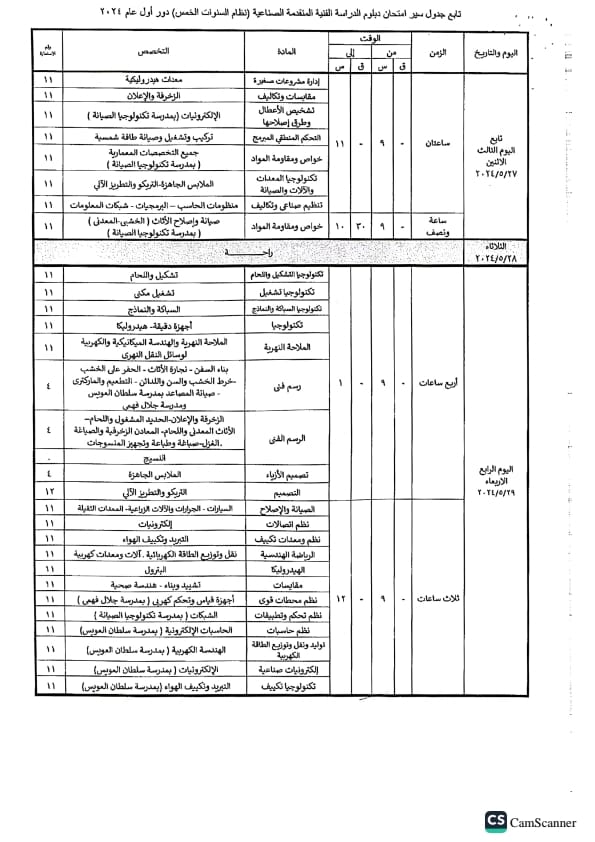 جدول امتحانات الدبلومات الفنية 2024 