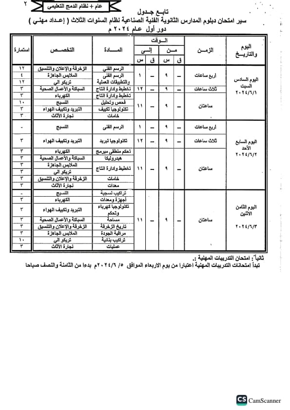 جدول امتحانات الدبلومات الفنية 2024 