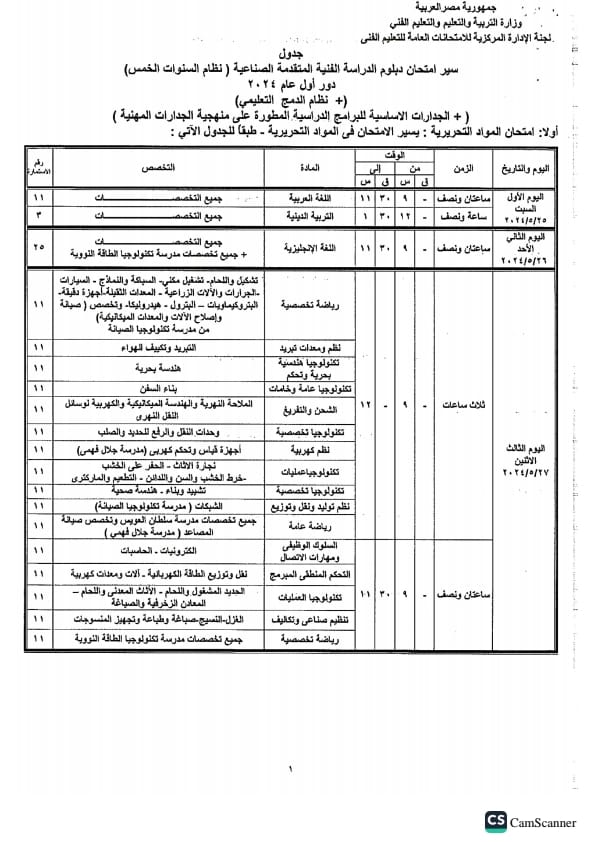 جدول امتحانات الدبلومات الفنية 2024 