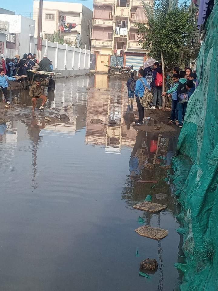 عربات الكارو تنقل الطلاب بسبب كسر ماسورة مياة بدمياط 