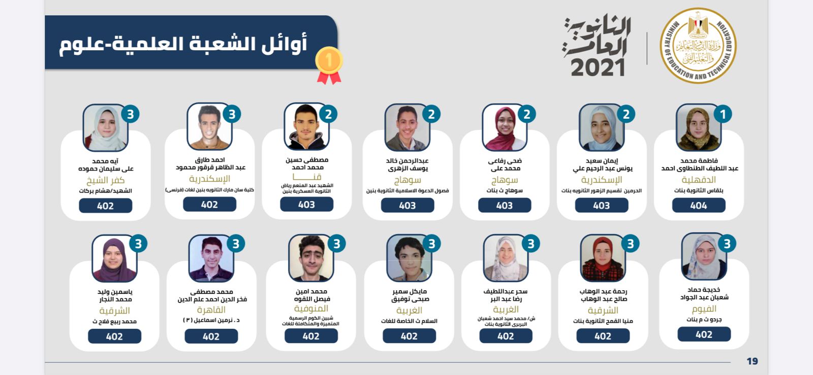 أوائل شعبة علمي علوم