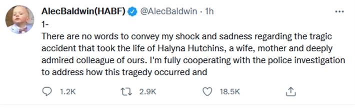 أول تعليق لأليك بالدوين بعد قتله لمديرة تصوير فيلمه 