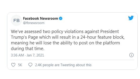 فيسبوك يمنع دونالد ترامب من النشر لمدة 24 ساعة
