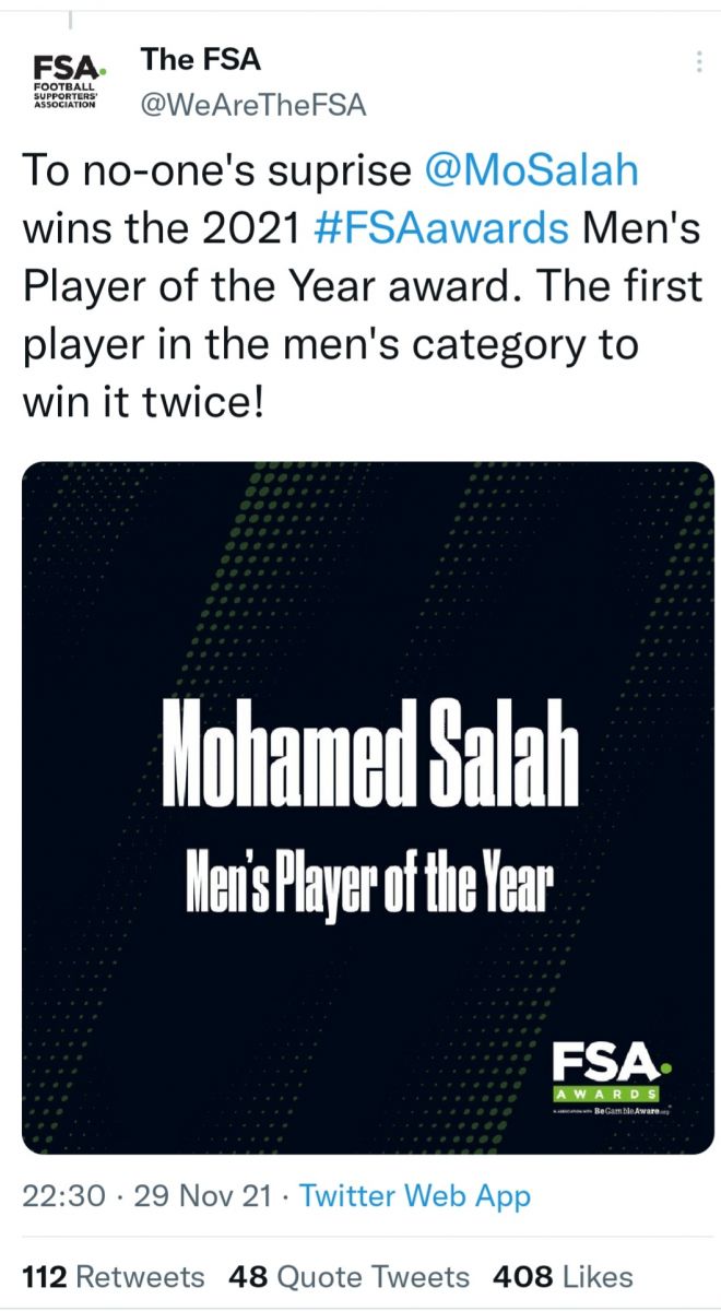 محمد صلاح يفوز بجائزة أفضل لاعب لعام 2021 والمقدمة من رابطة مشجعين كرة القدم بانجلترا 