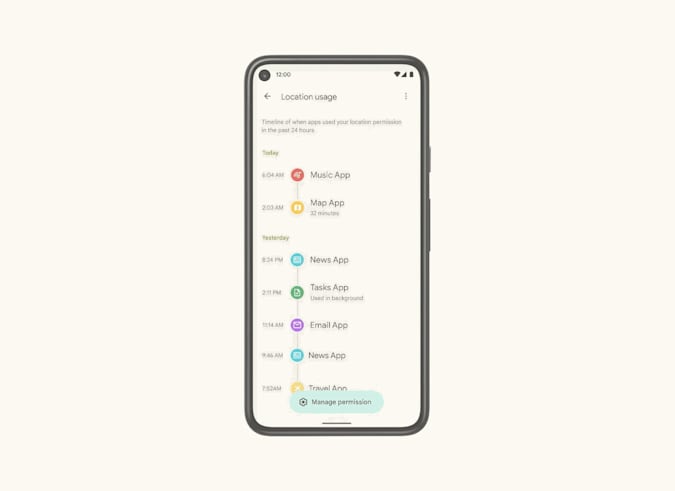 عرض الجدول الزمني للوحة معلومات الخصوصية لنظام Android 12